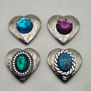Western Southwestern Heart Button Cover Lot of 4 Silver Tone Faux Stone Set